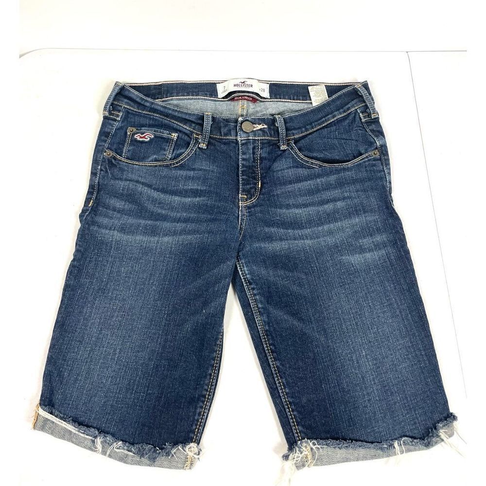 Hollister Jean Bermuda Socal Stretch Shorts Denim Dark Wash Blue Cutoff Mid Rise